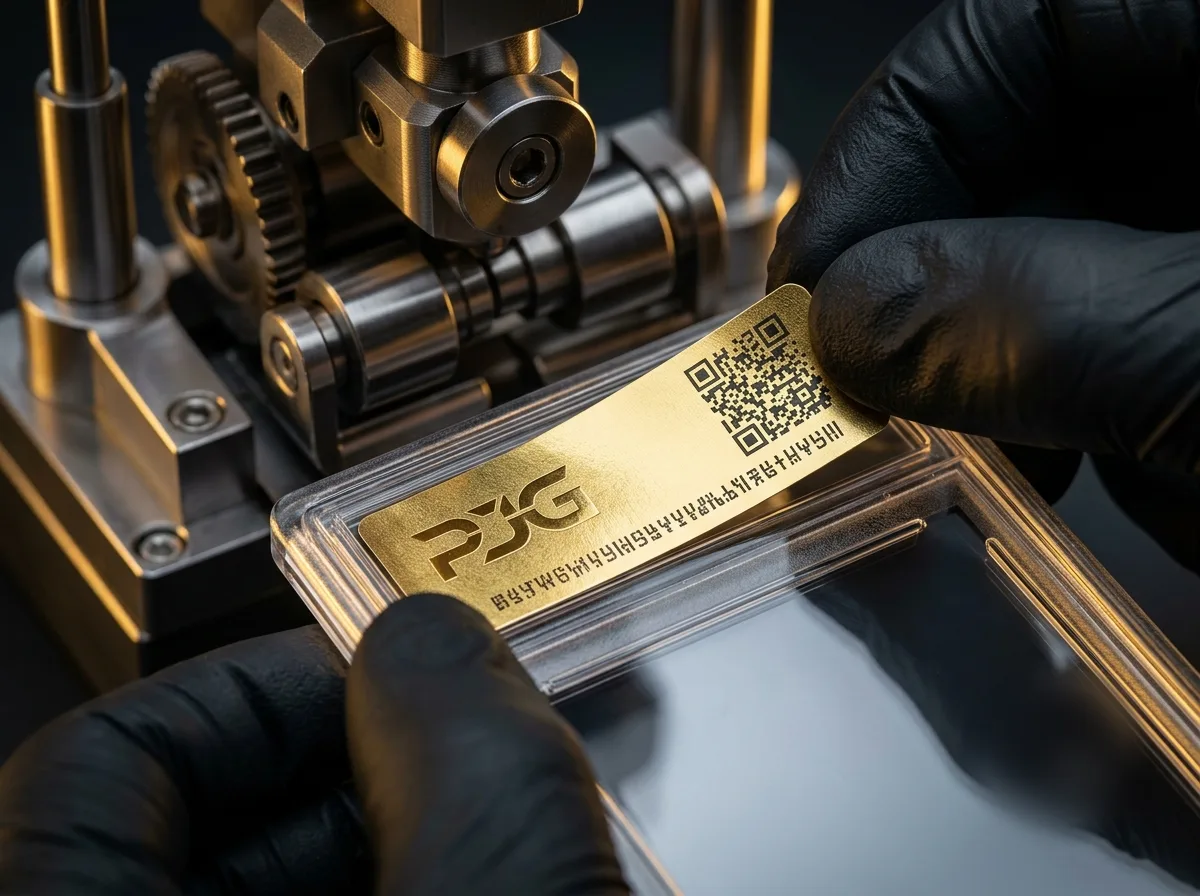 Sealed in a tamper-evident slab with serial + QR