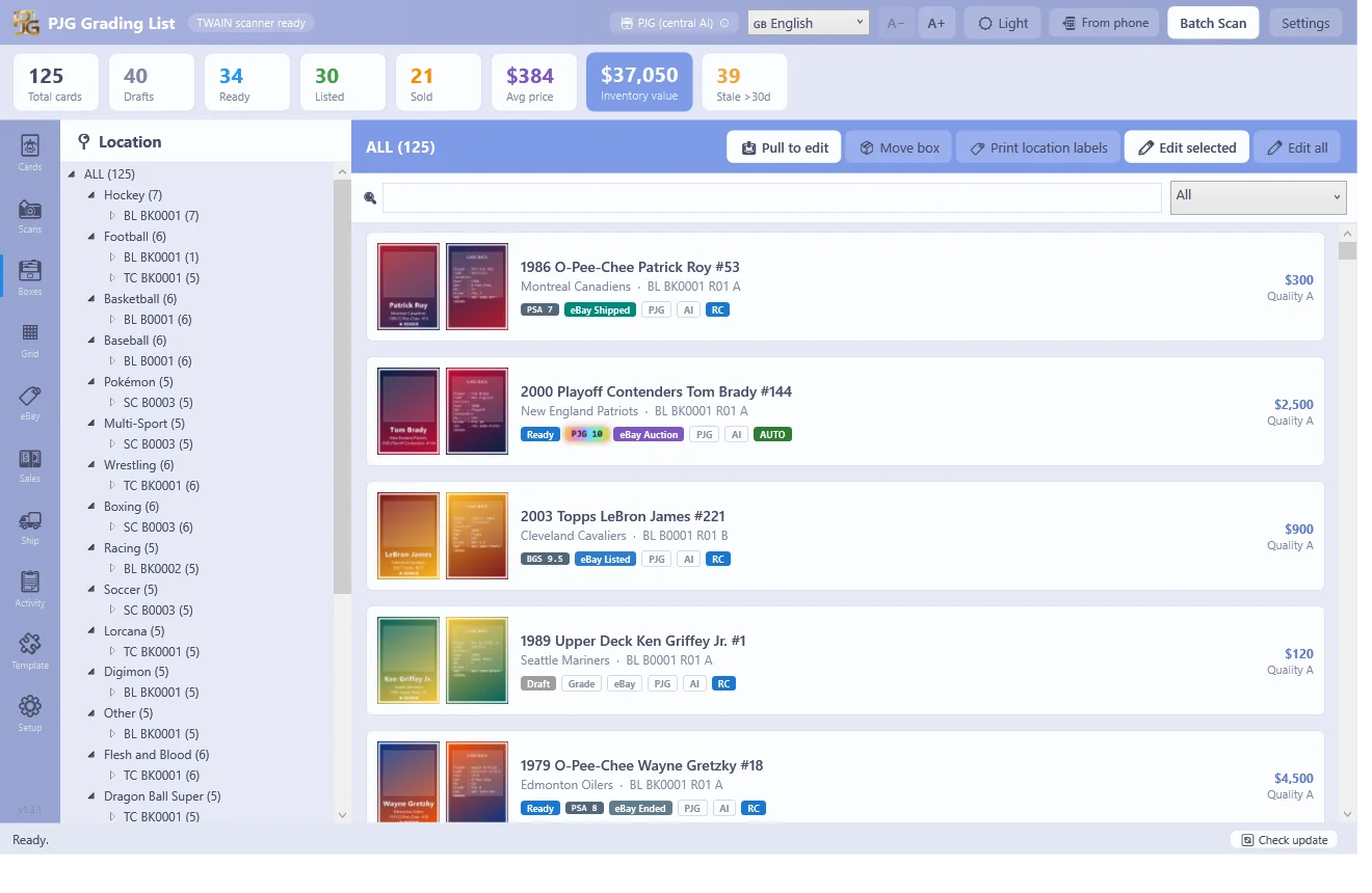Boxes page β a location tree of boxes, rows and slots with every card's channel status