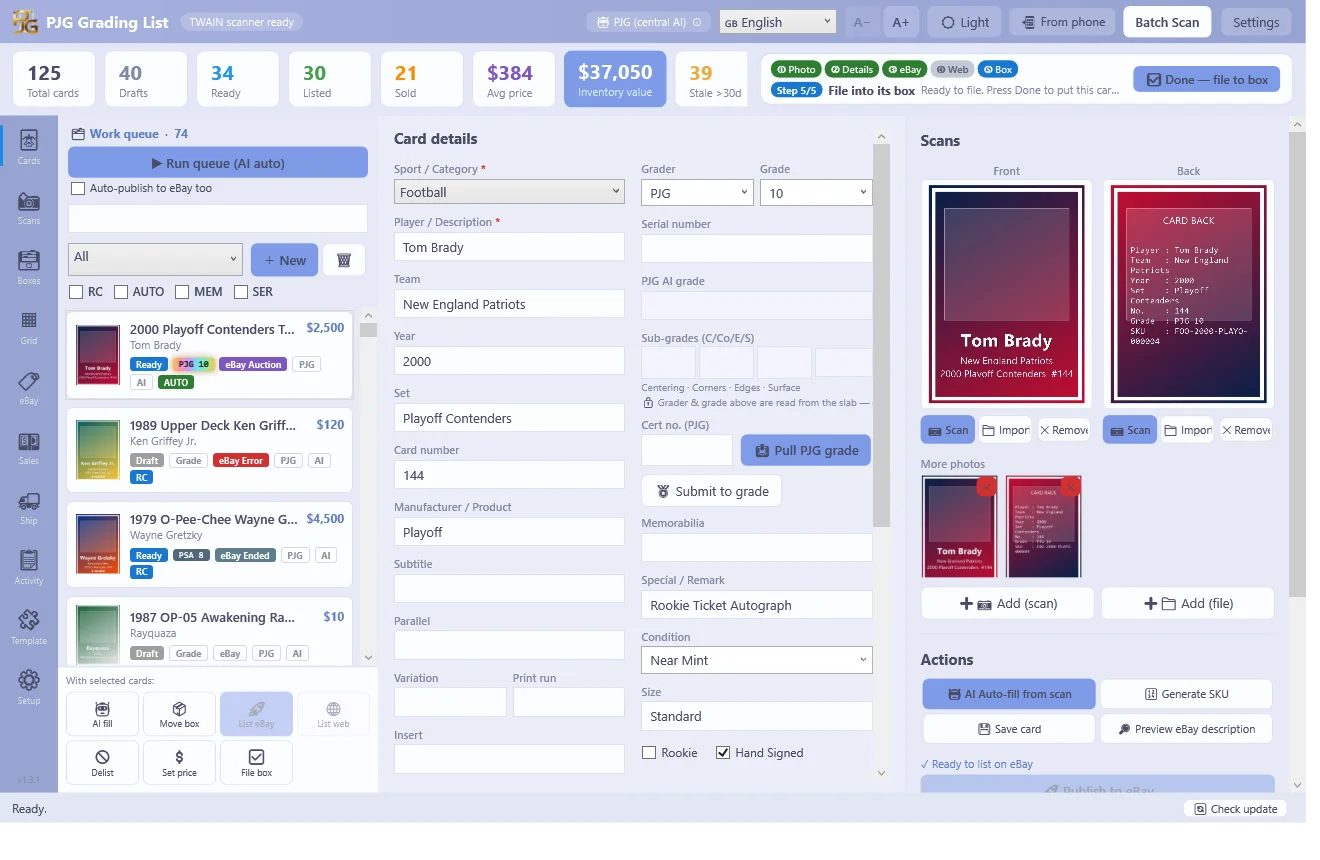 Cards workspace β card details, scans, AI auto-fill and one-click listing