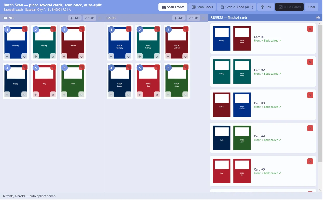 Batch Scan screen β six cards scanned at once, auto-split and paired front/back